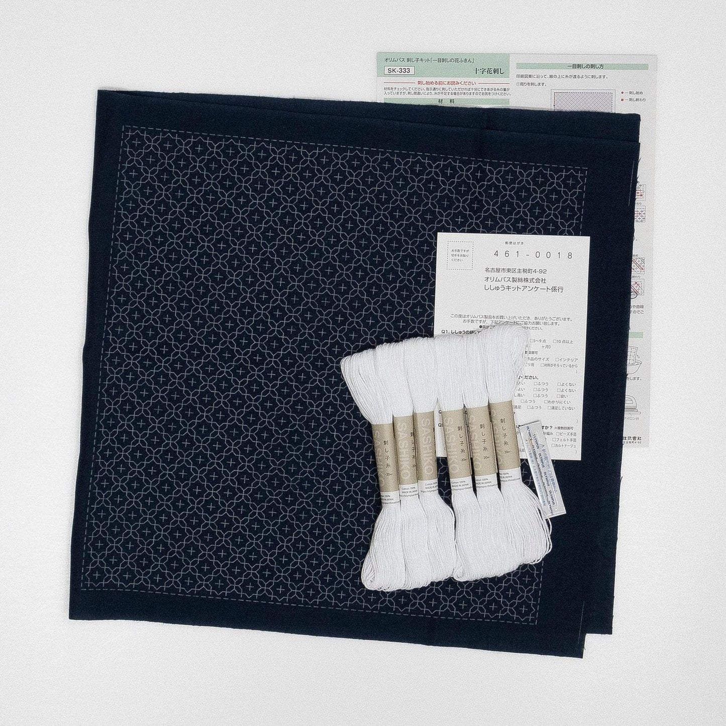 a black and white patterned fabric, several spools of thread, and a piece of paper with text and numbers, all arranged on a white surface.