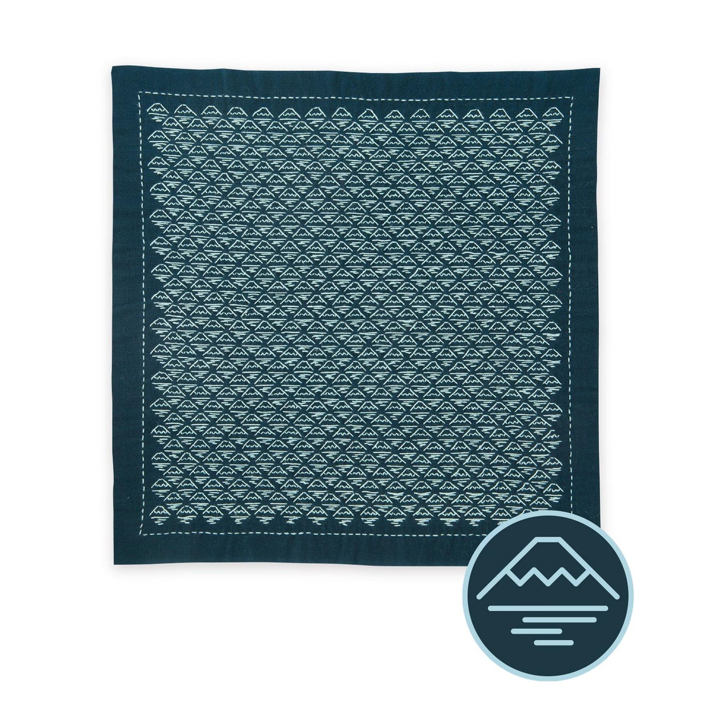 a square-shaped fabric with a repeating pattern of triangles in shades of blue and green.