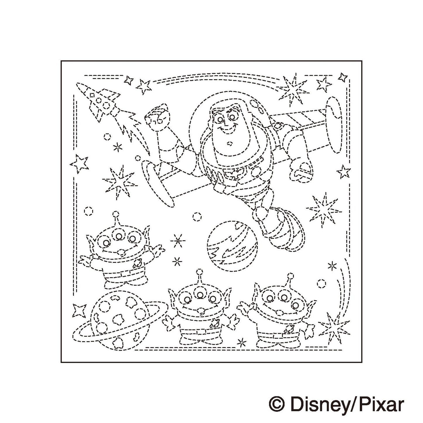 A black and white line drawing depicting a space-themed scene with a character in a spacesuit flying through the sky, surrounded by various alien characters and celestial objects.