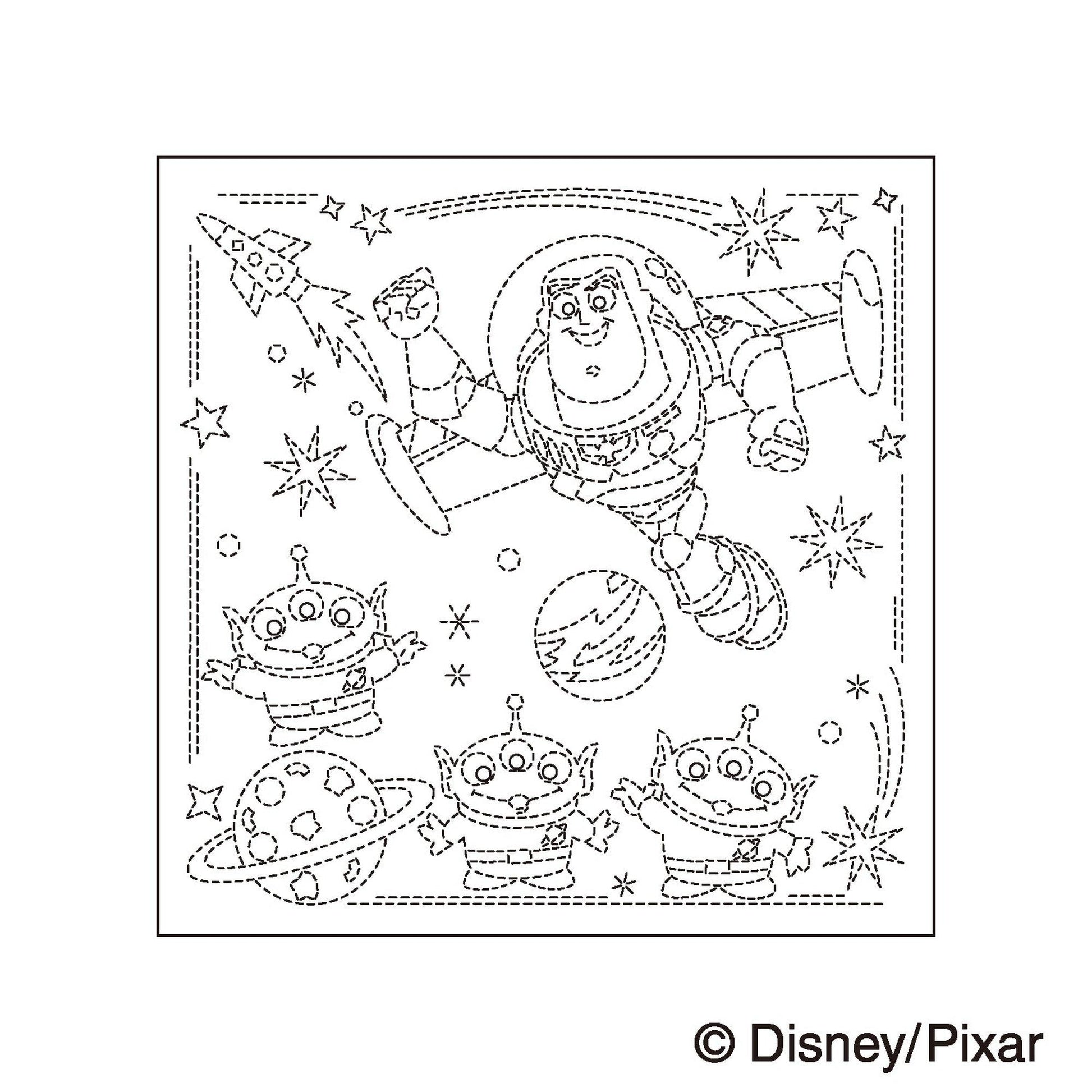 A black and white line drawing depicting a space-themed scene with a character in a spacesuit flying through the sky, surrounded by various alien characters and celestial objects.