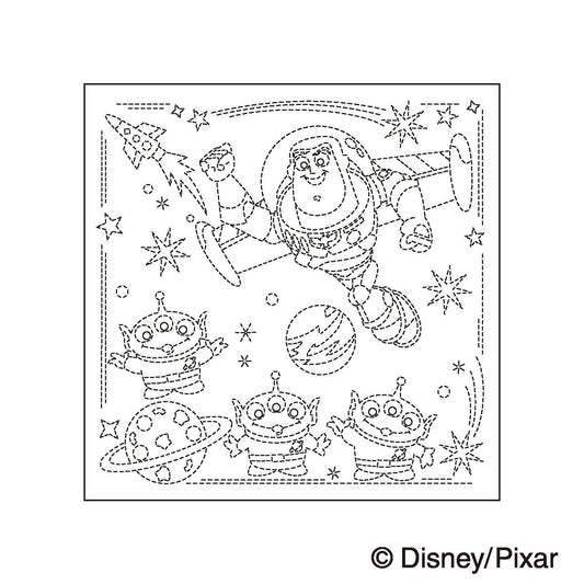A black and white line drawing depicting a space-themed scene with a character in a spacesuit flying through the sky, surrounded by various alien characters and celestial objects.