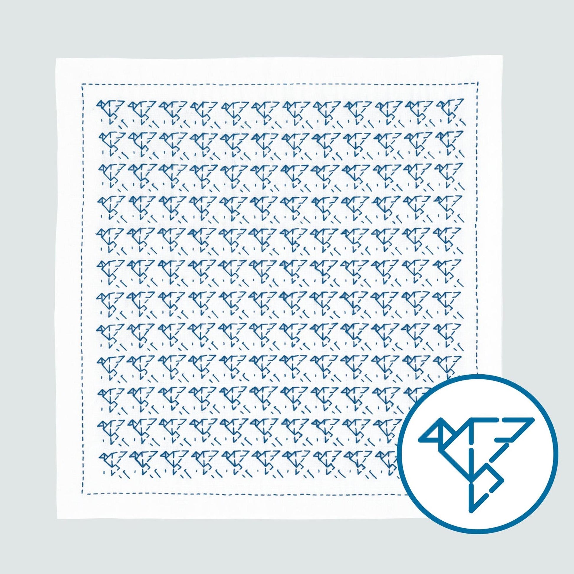 The image is a square with a repeating pattern of blue birds.