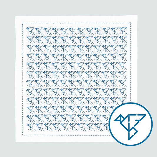 The image is a square with a repeating pattern of blue birds.