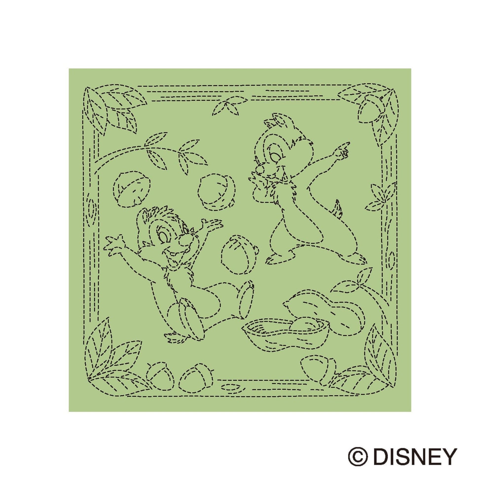 The image is a line drawing of two chipmunks playing with acorns, surrounded by leaves and other natural elements.