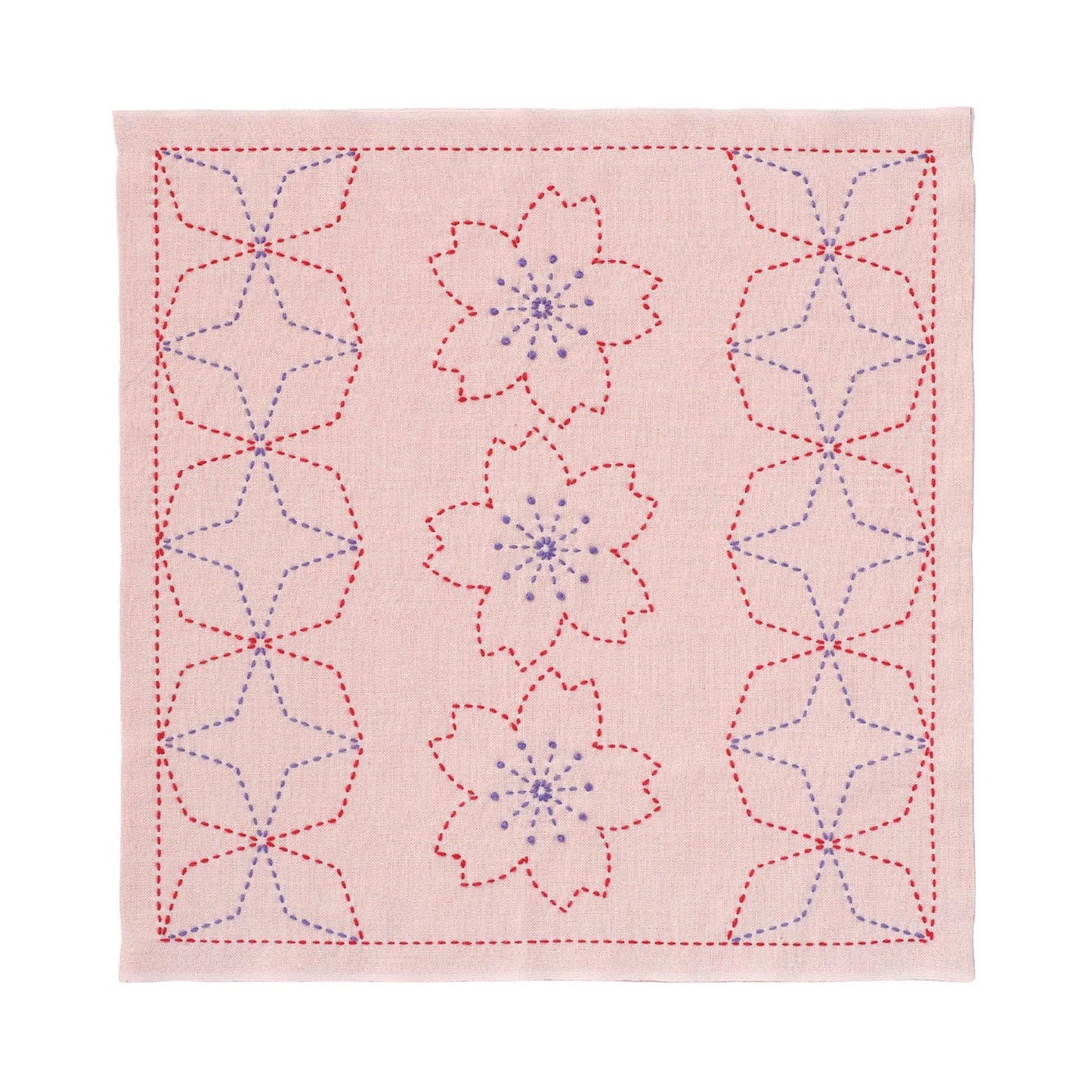 a square with a repeating pattern of pink flowers and red stars. The flowers are outlined in red and the stars are outlined in blue, creating a visually striking design.