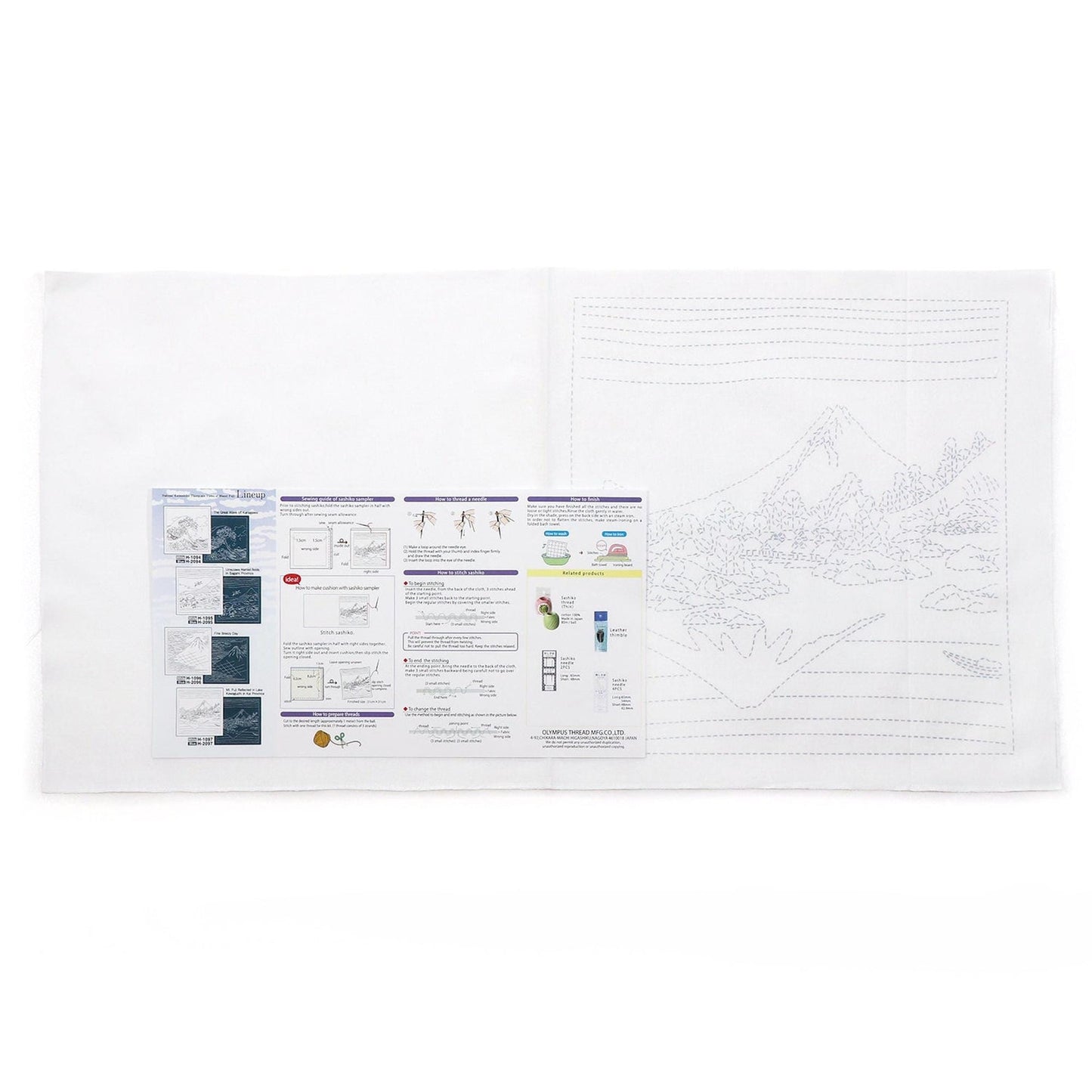 The image is a large sheet of paper with various diagrams, instructions, and illustrations related to a sewing kit or craft project.