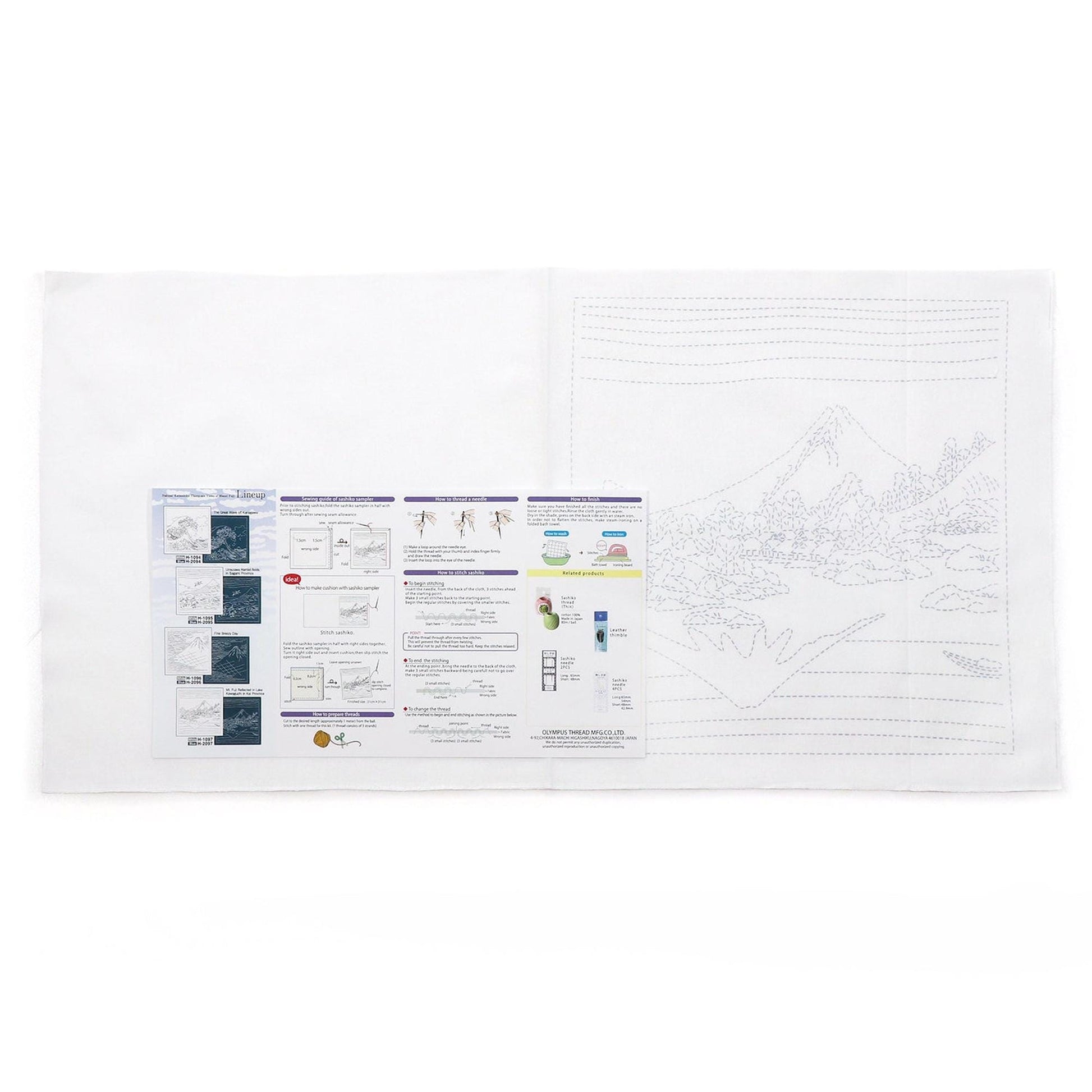 The image is a large sheet of paper with various diagrams, instructions, and illustrations related to a sewing kit or craft project.