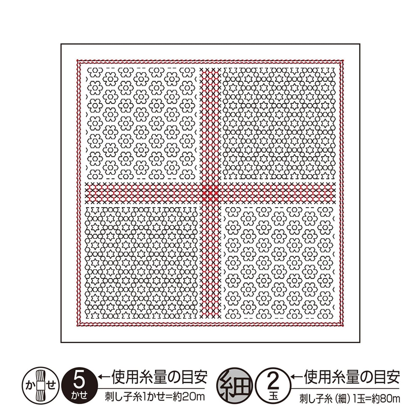 The image is a square with a red cross in the center, surrounded by four smaller squares with a repeating pattern of black and white flowers. The image is a collage of multiple smaller images, and the text below the image provides information about the image, including its size and dimensions.