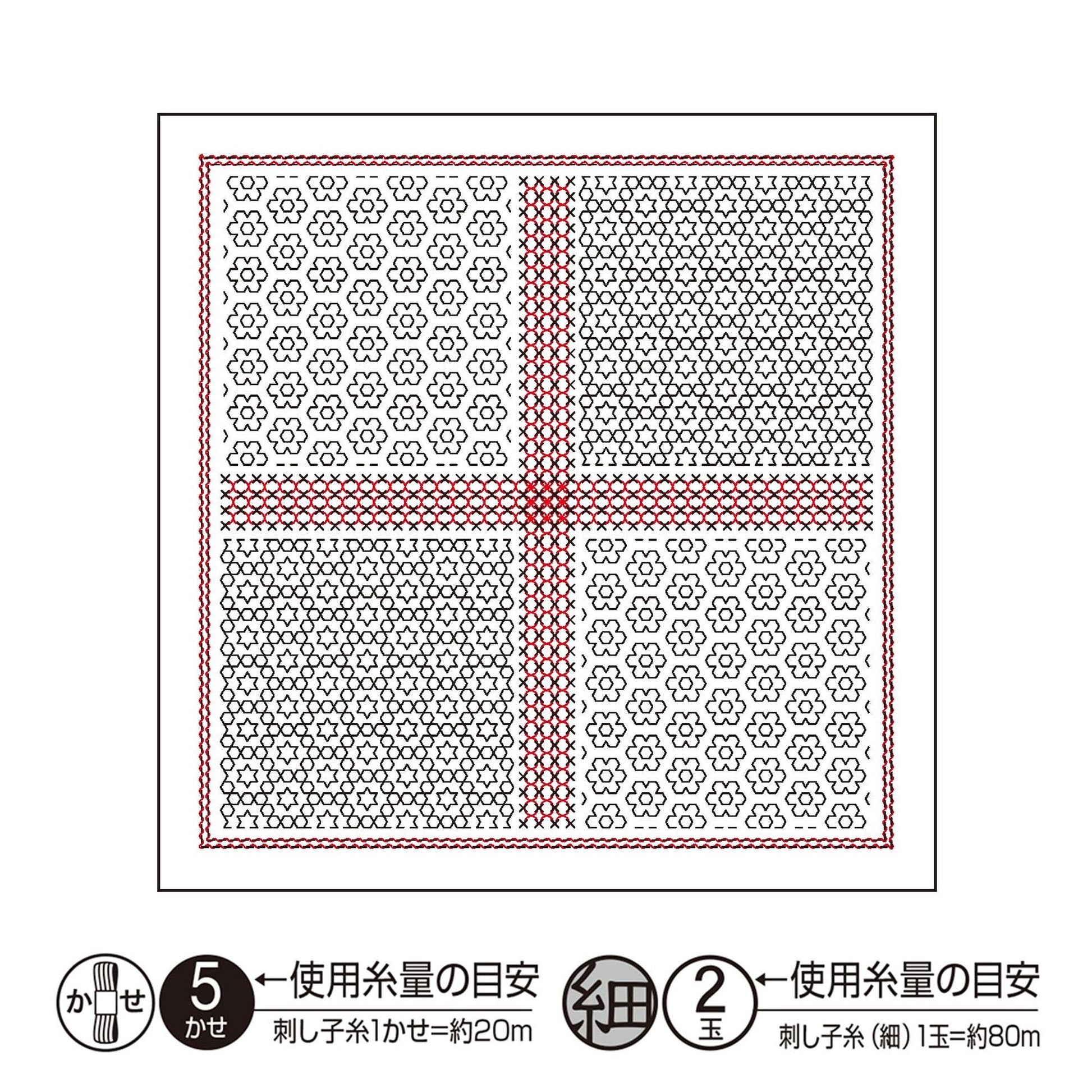 The image is a square with a red cross in the center, surrounded by four smaller squares with a repeating pattern of black and white flowers. The image is a collage of multiple smaller images, and the text below the image provides information about the image, including its size and dimensions.