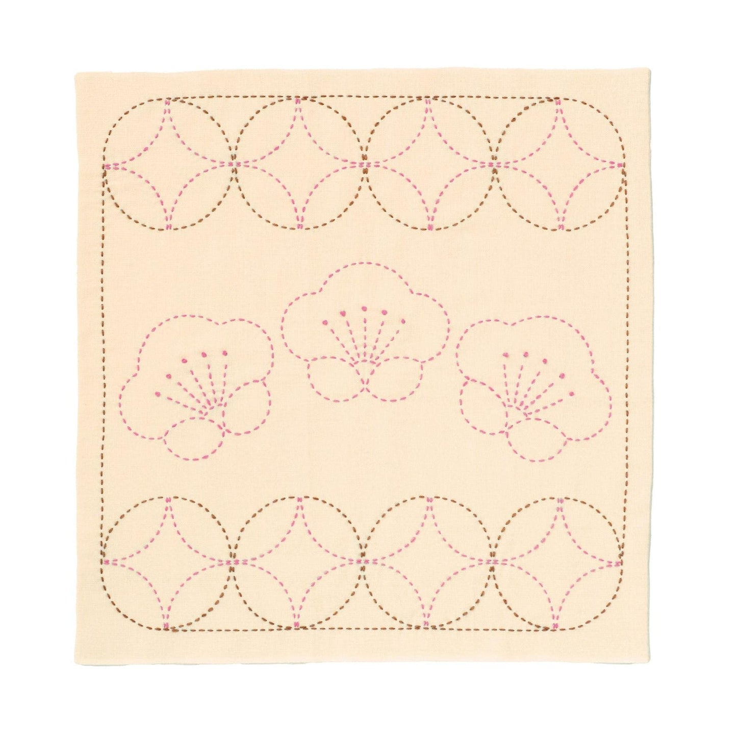 a square with a repeating pattern of pink flowers and circles.