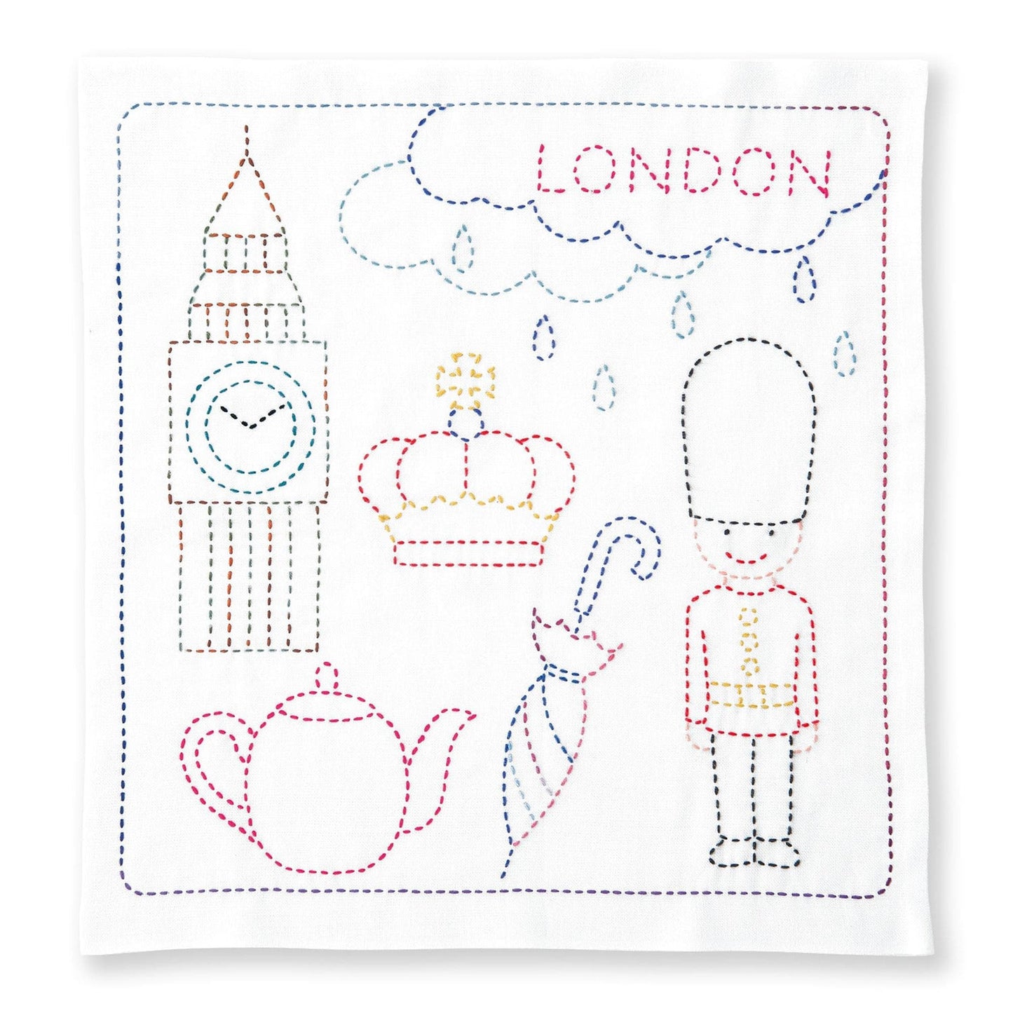 The image is a hand-stitched embroidered design featuring various elements associated with London, including Big Ben, a guard, a teapot, and a cloud with the word "LONDON" written on it.
