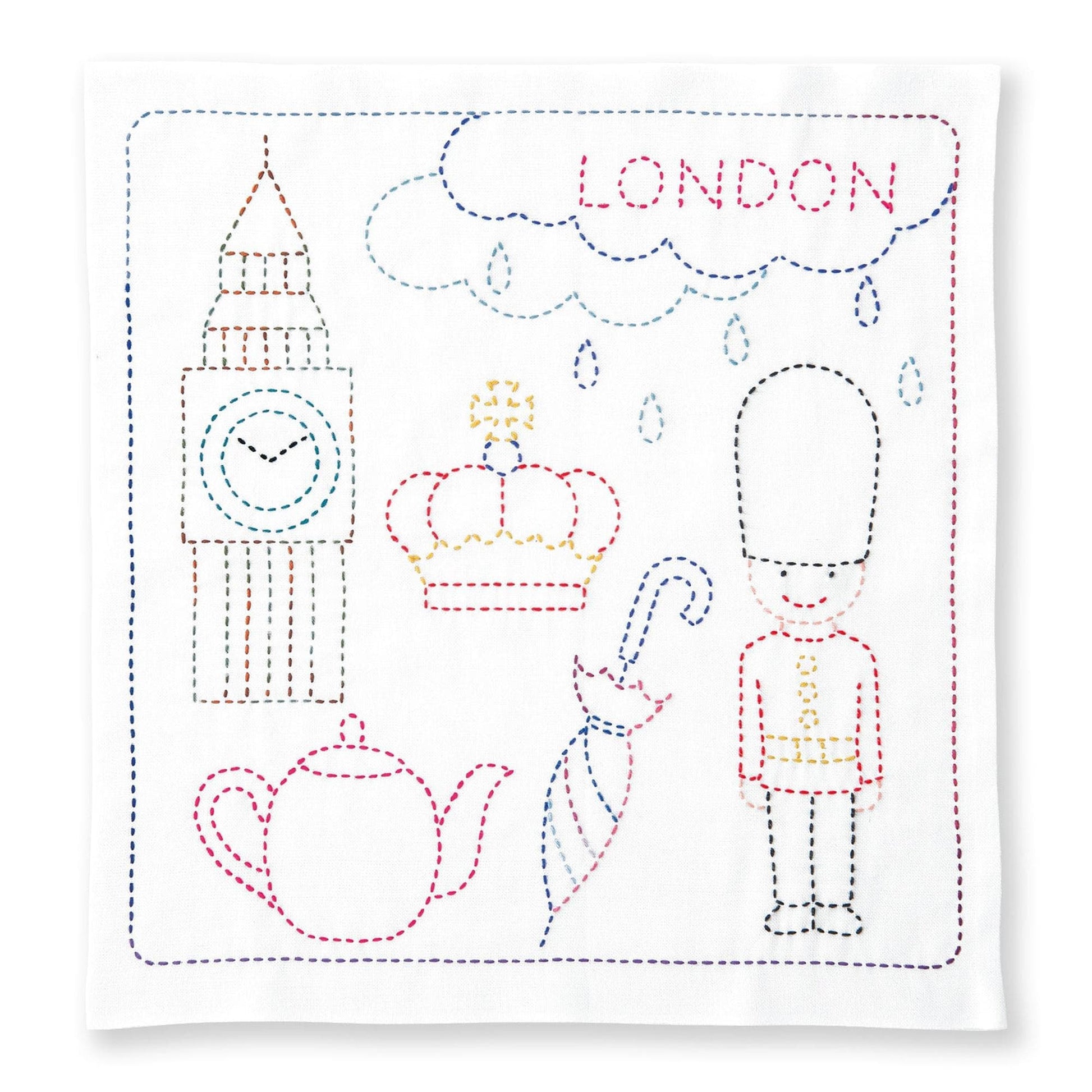 The image is a hand-stitched embroidered design featuring various elements associated with London, including Big Ben, a guard, a teapot, and a cloud with the word "LONDON" written on it.
