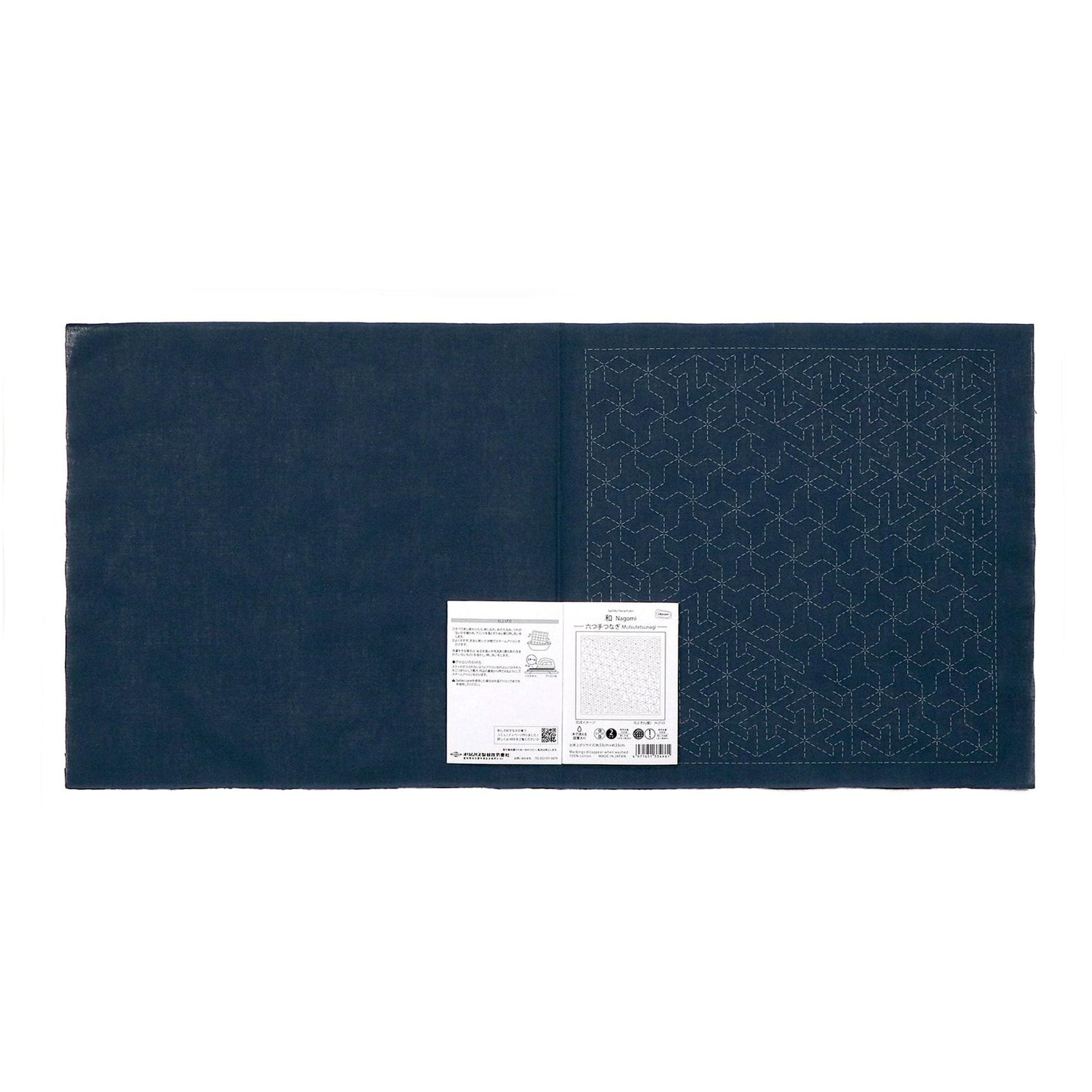 The image is a dark blue fabric with a white label attached to it, which appears to be a piece of paper or a printed document.