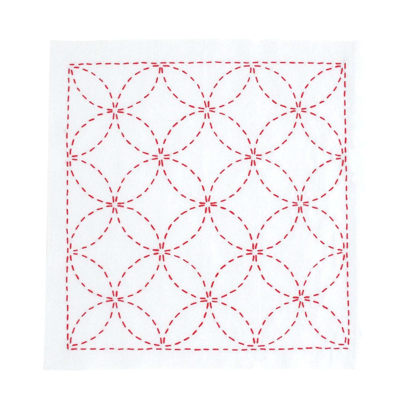 a square with a repeating pattern of red circles and red lines, creating a visually striking and intricate design.