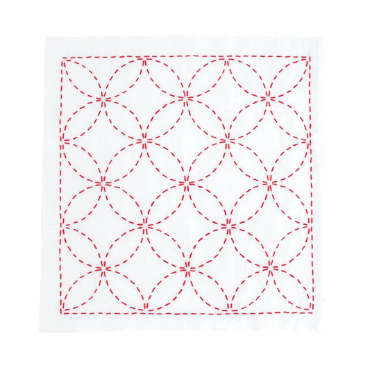 a square with a repeating pattern of red circles and red lines, creating a visually striking and intricate design.