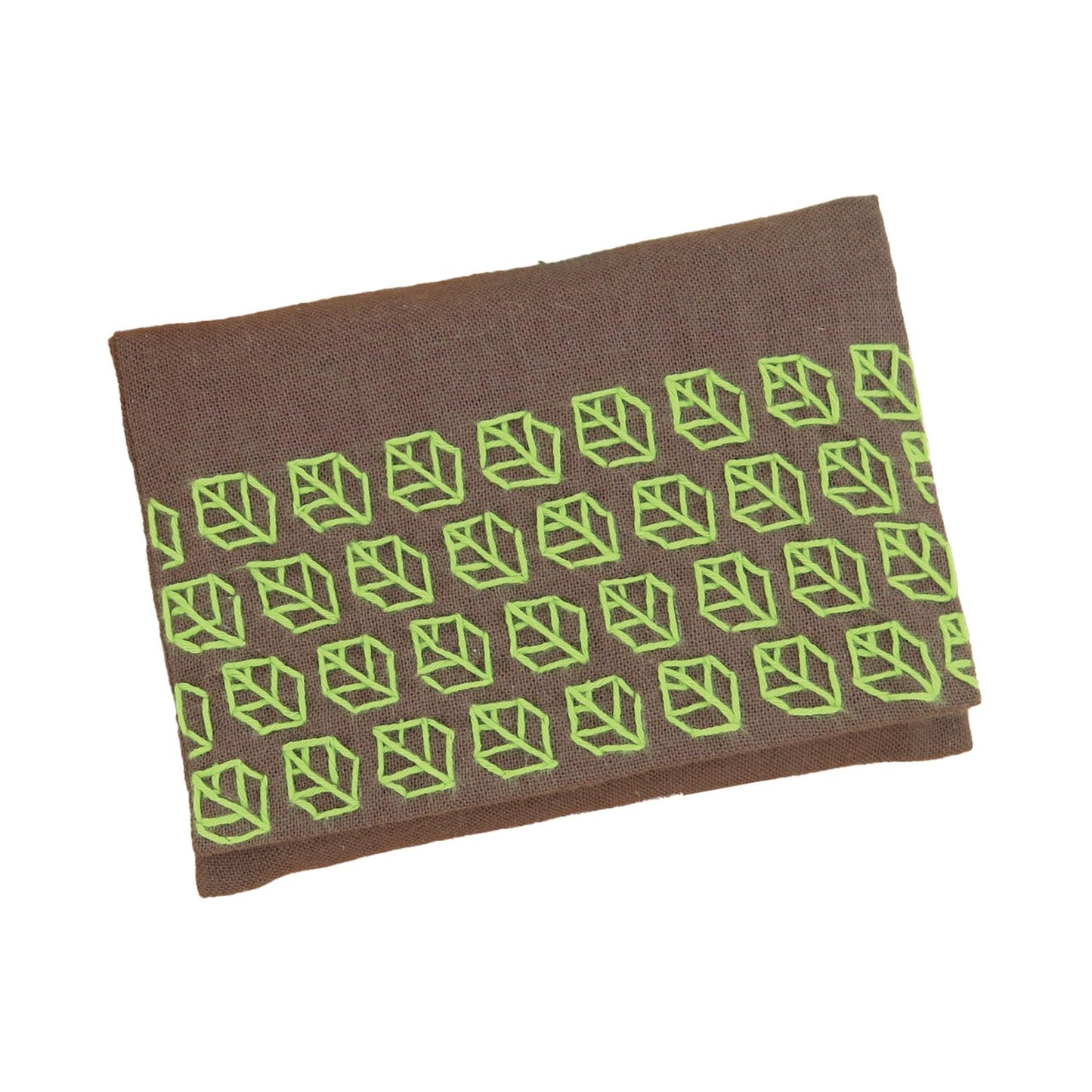 a brown fabric with a repeating pattern of green leaf-like shapes.
