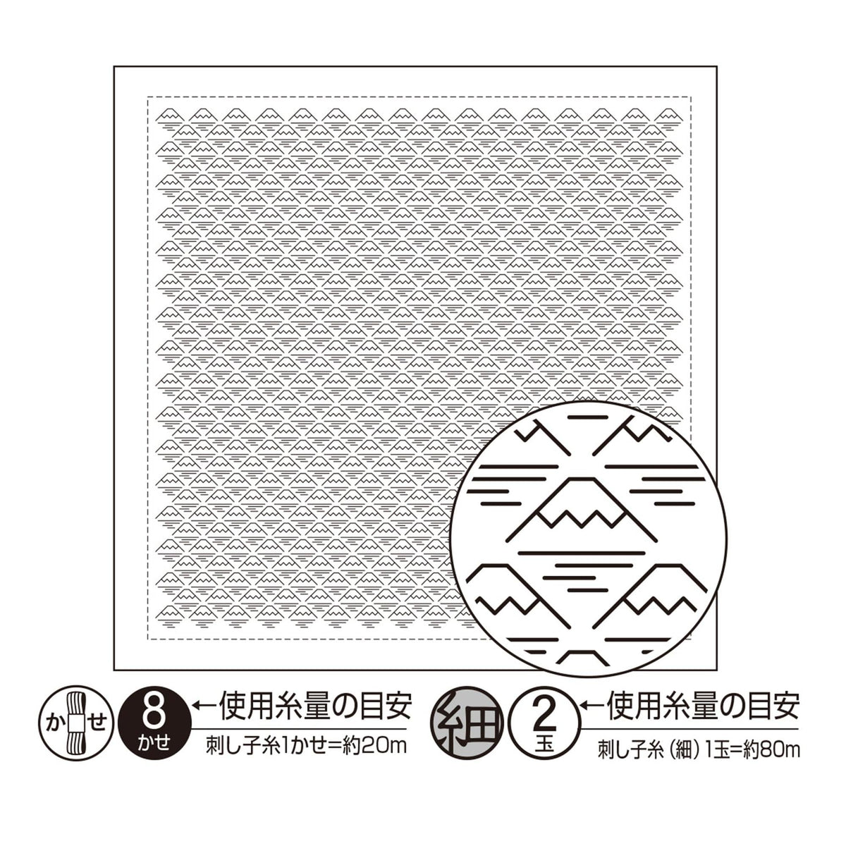 a large square with a repeating pattern of triangles, and a smaller circular design with a mountain pattern inside it. The image also includes text in Japanese, which appears to be instructions or information about the pattern and its features.