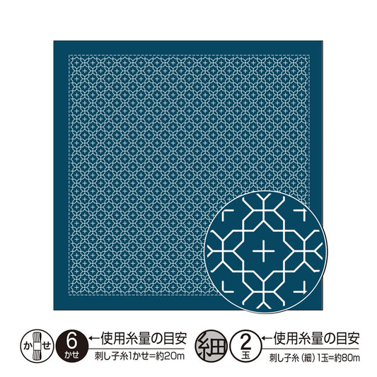 a square with a repeating pattern of blue and white geometric shapes, and there is a circular design with a similar pattern inside it.