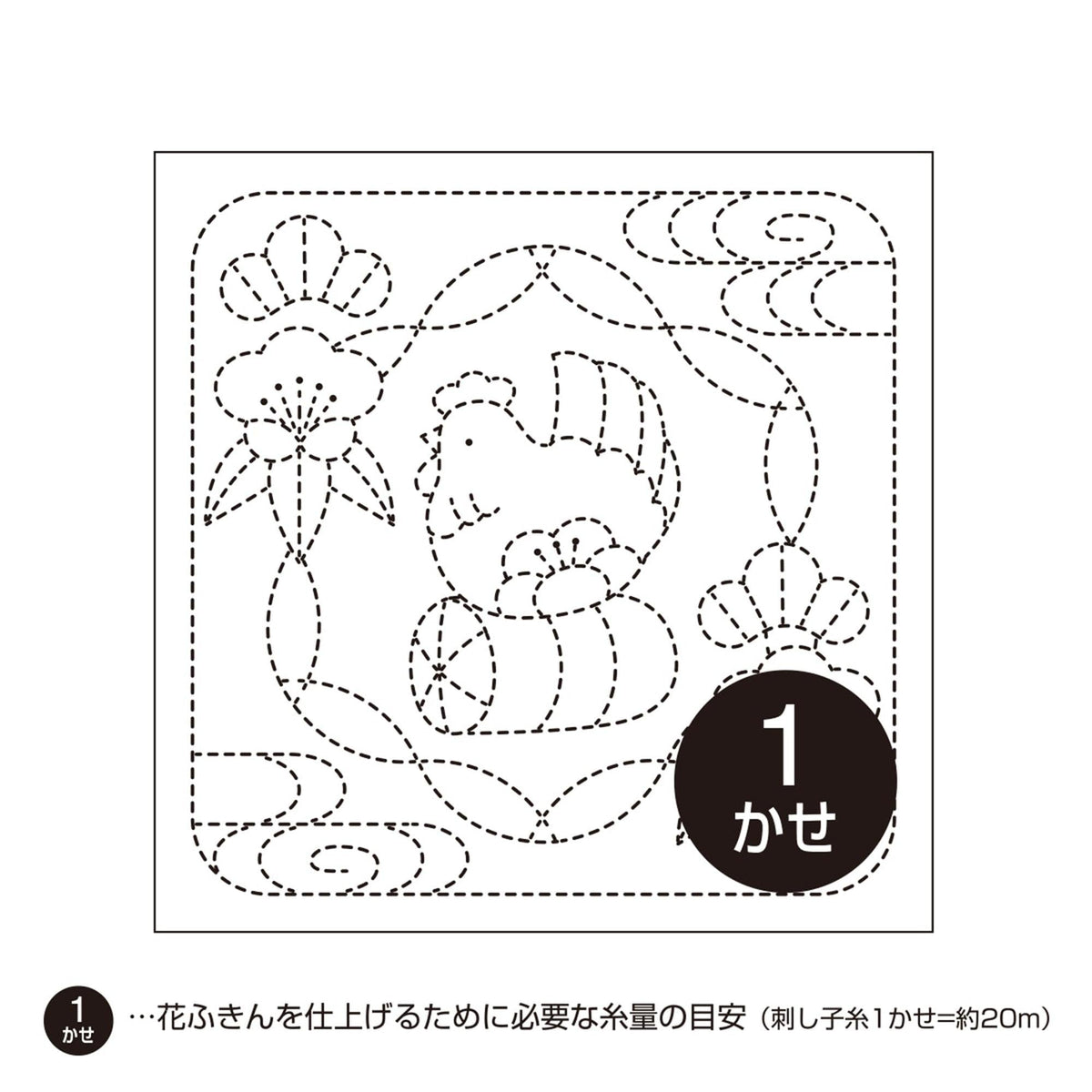A black and white image depicting a floral pattern with a rooster and other decorative elements. The image is labeled with the number "1" and includes Japanese text.