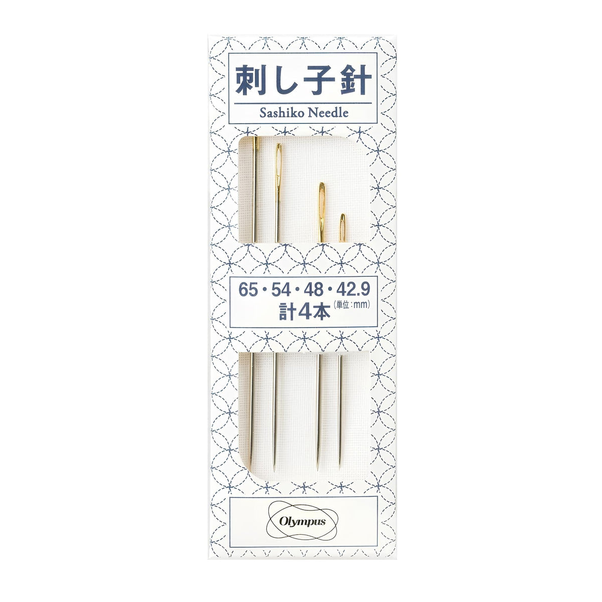 A package of sewing needles, specifically a set of 65-54-48-42.9 needles, with a blue and white design.