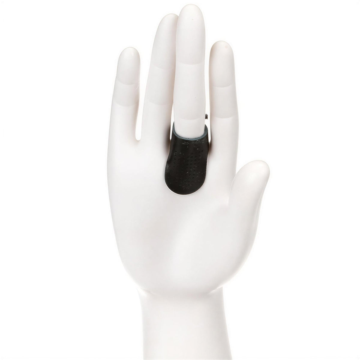 A white mannequin hand wearing a black ring on the ring finger.