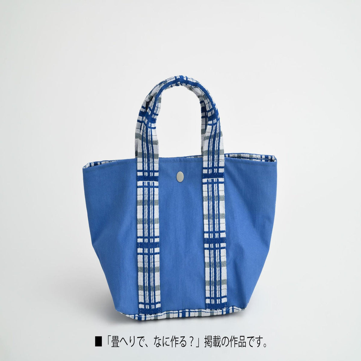 A blue and white plaid handbag with a silver button closure, displayed against a white background.