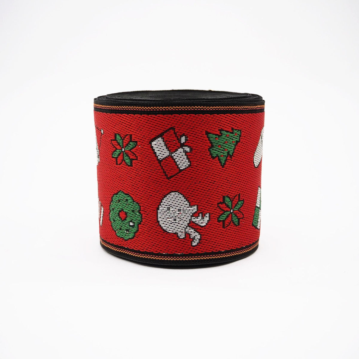 A red and black band with a Christmas-themed design, including various holiday-related icons such as a Christmas tree, wreath, gift box, and other festive elements.