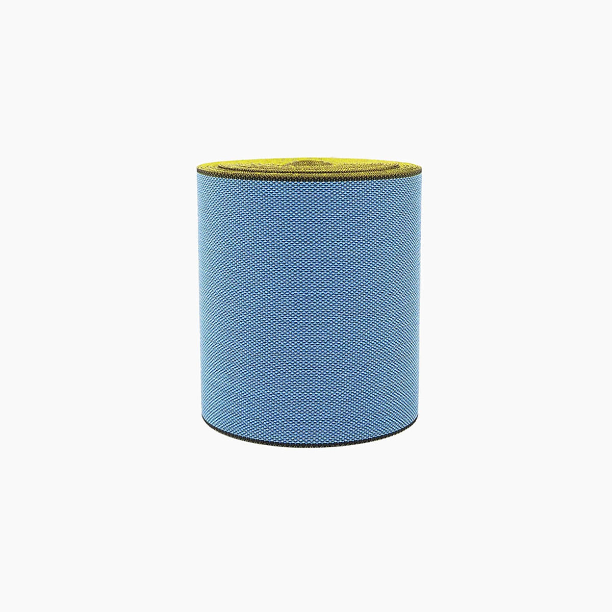 A blue cylindrical object with a yellow top, possibly a speaker or speaker component, is shown against a white background.