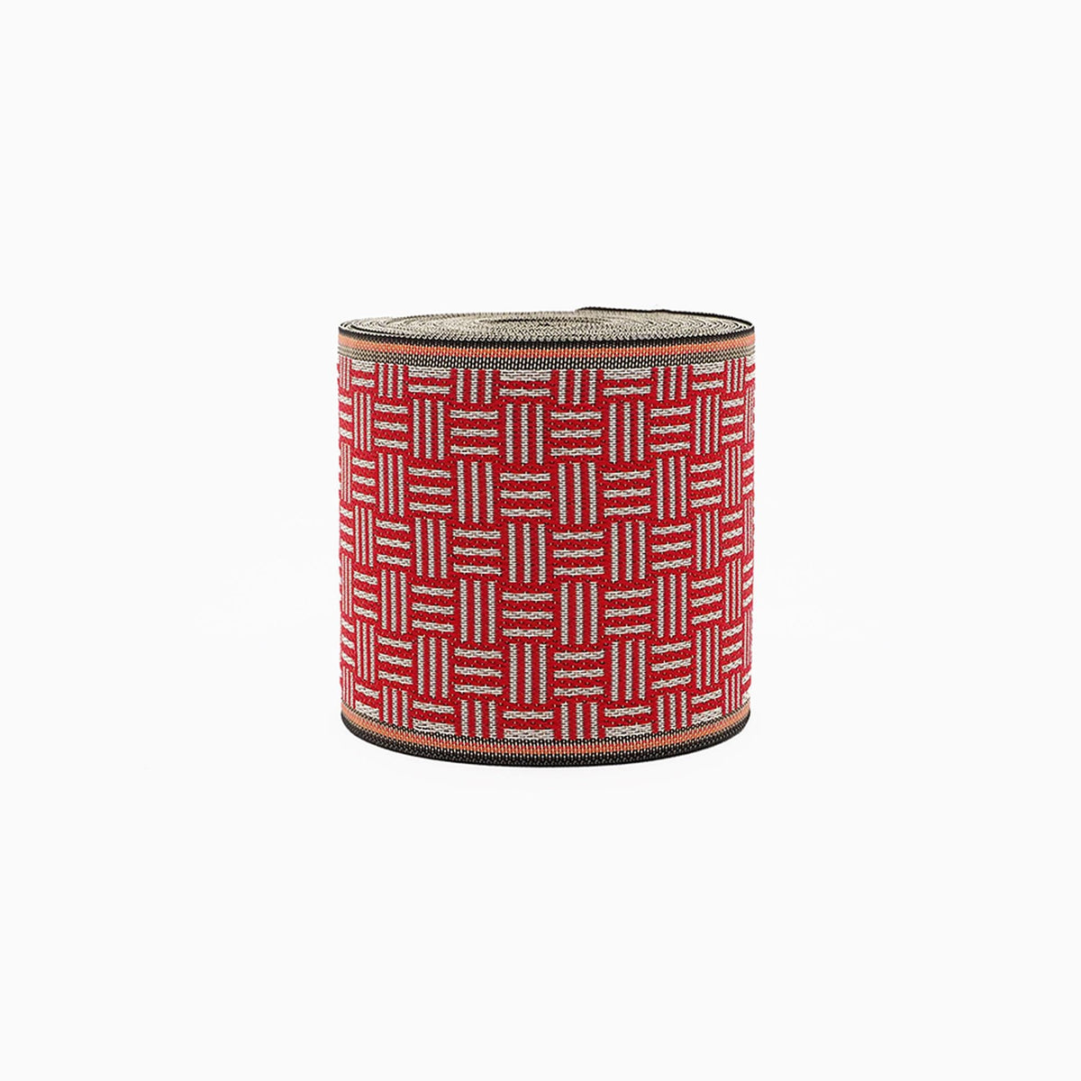 a red and white woven object, which appears to be a decorative piece or accessory.