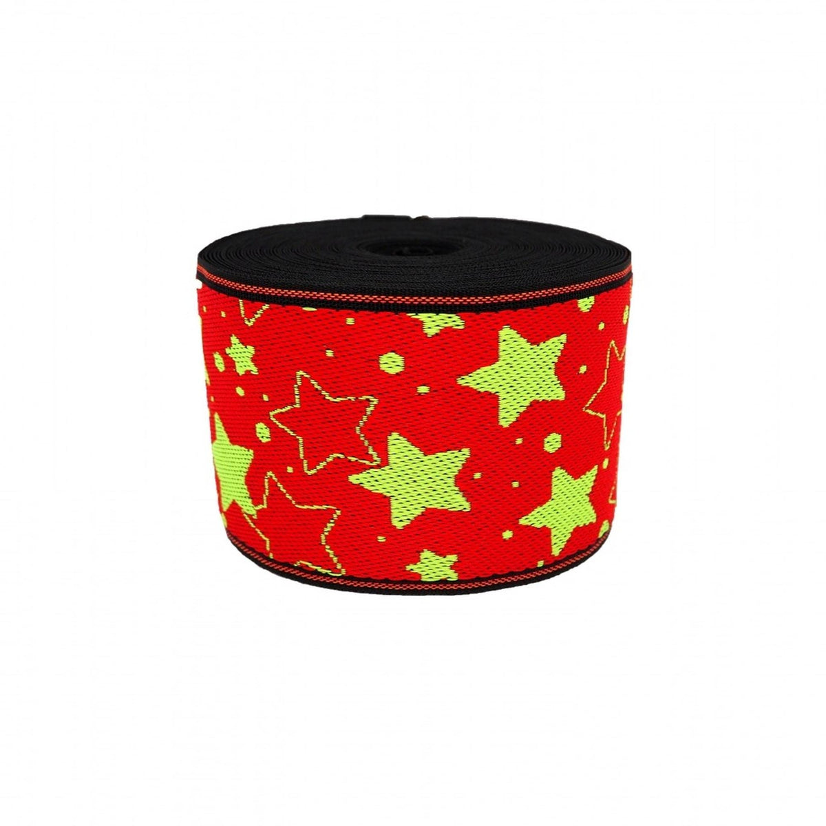 A red and green star-patterned fabric or material, possibly a ribbon or spool of thread, with a black border.