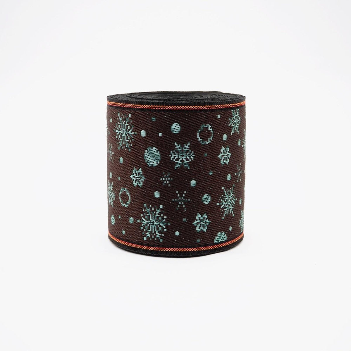 A black and blue snowflake-patterned ribbon is shown against a white background.