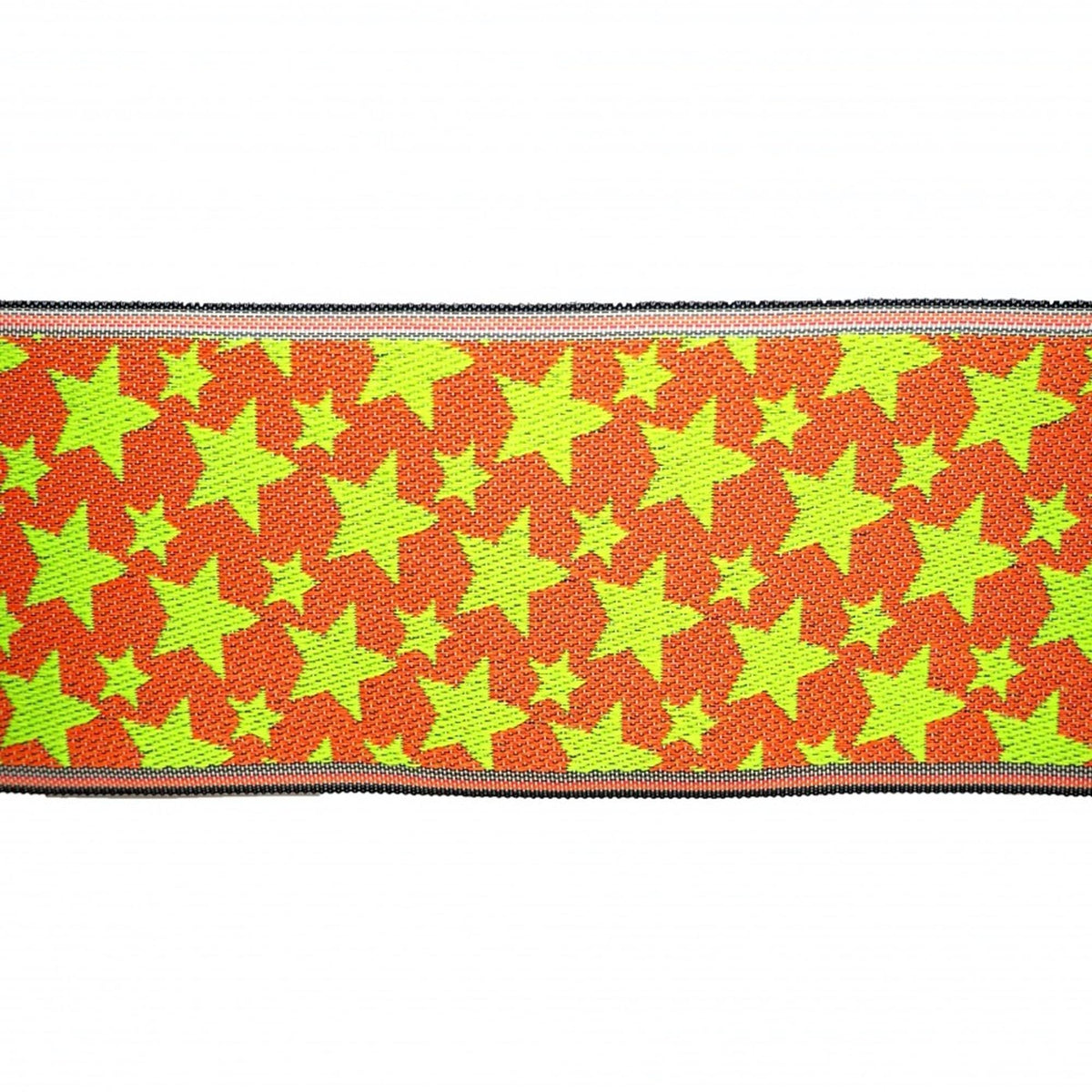 a vibrant, colorful pattern of orange and green stars on a white background.