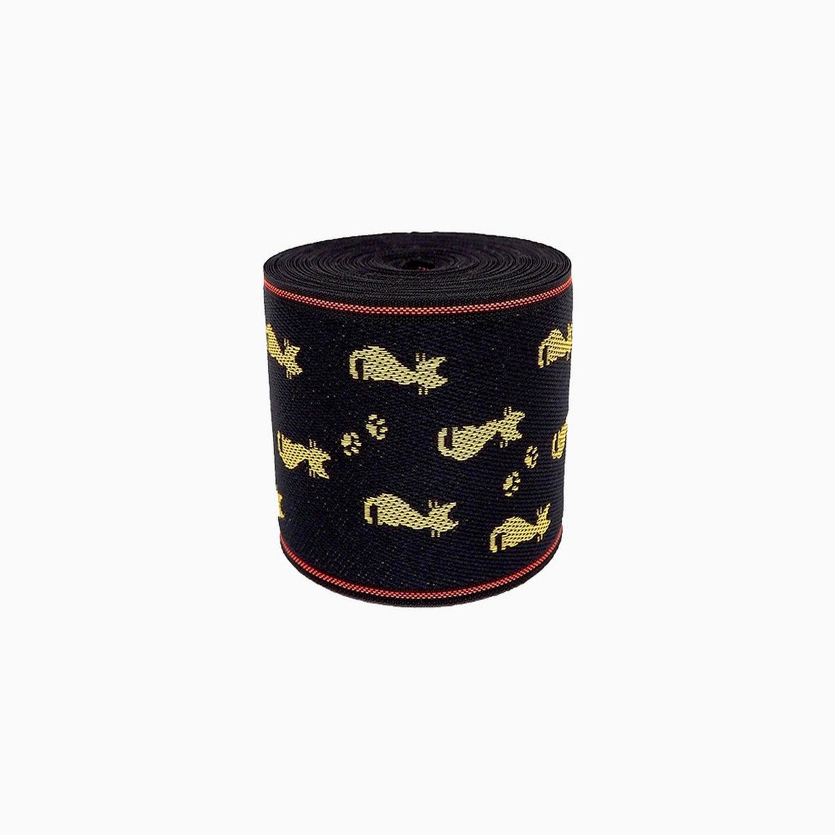 A black and gold cat-themed fabric or material with a repeating pattern of cats and paw prints.