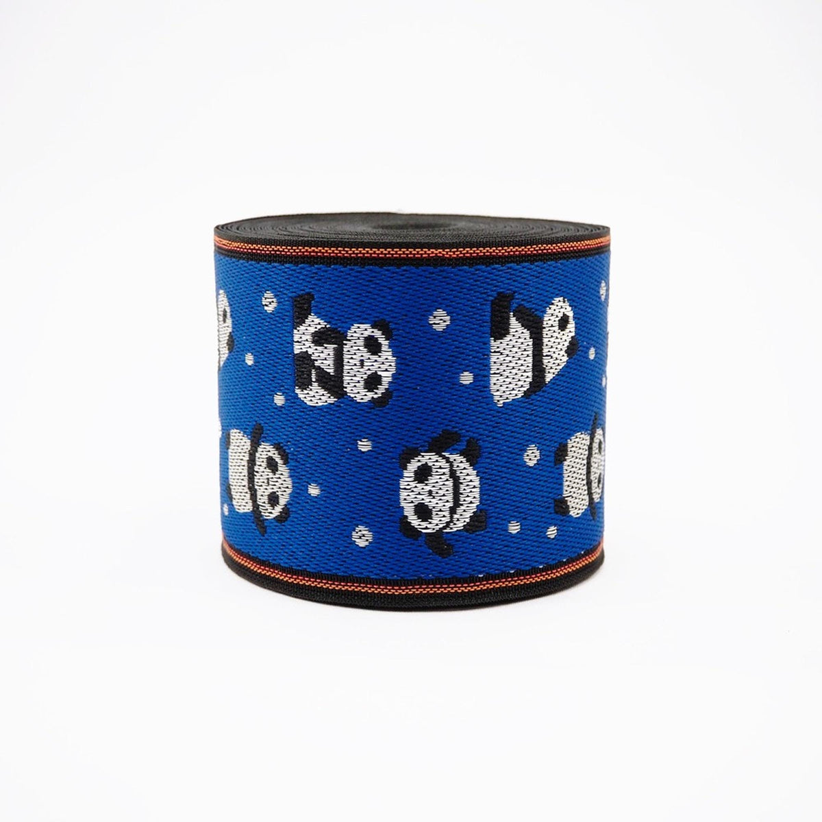 a blue and black striped object with a playful panda pattern on it.