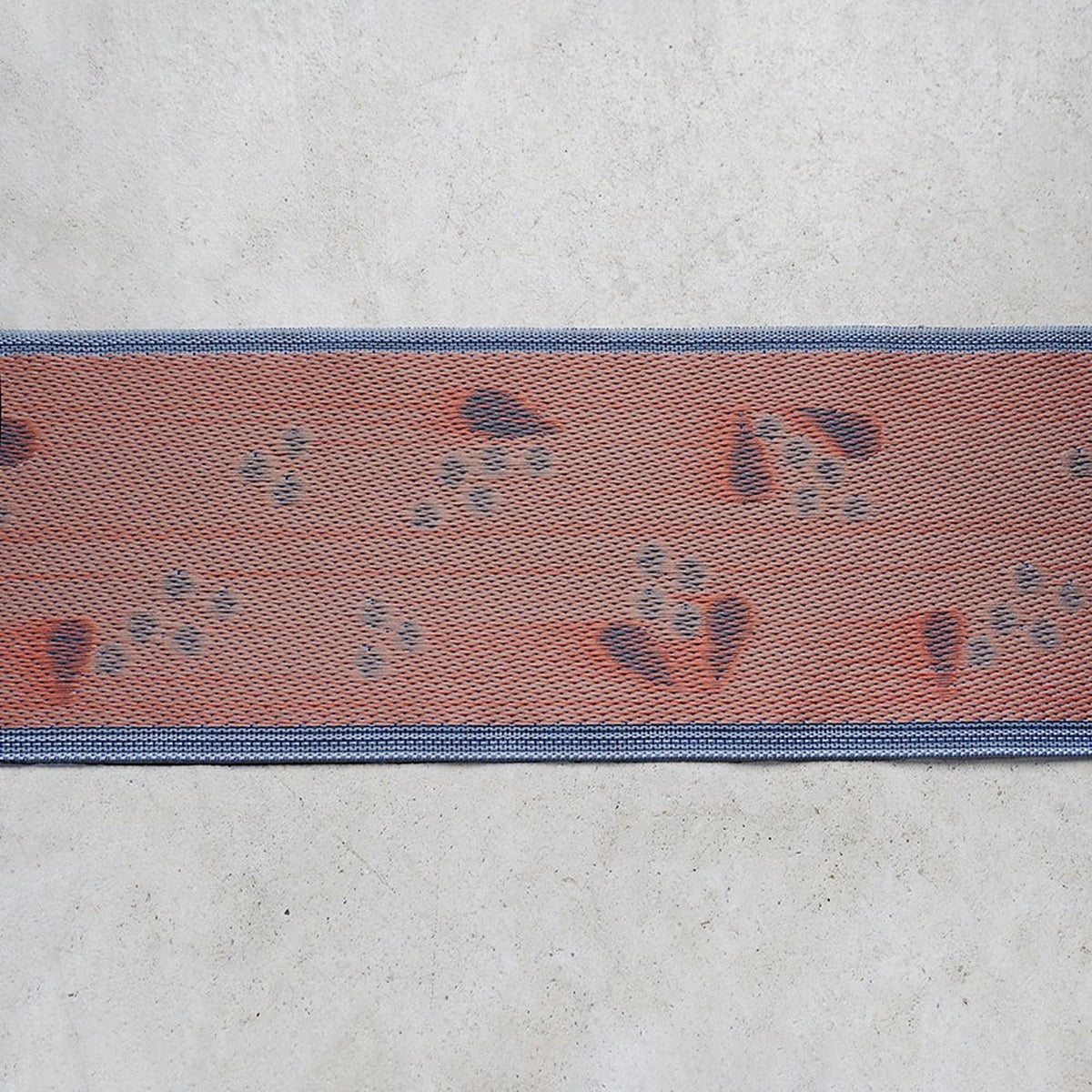 a close-up view of a red and blue patterned fabric or textile, with small paw prints or paw prints scattered across the surface.
