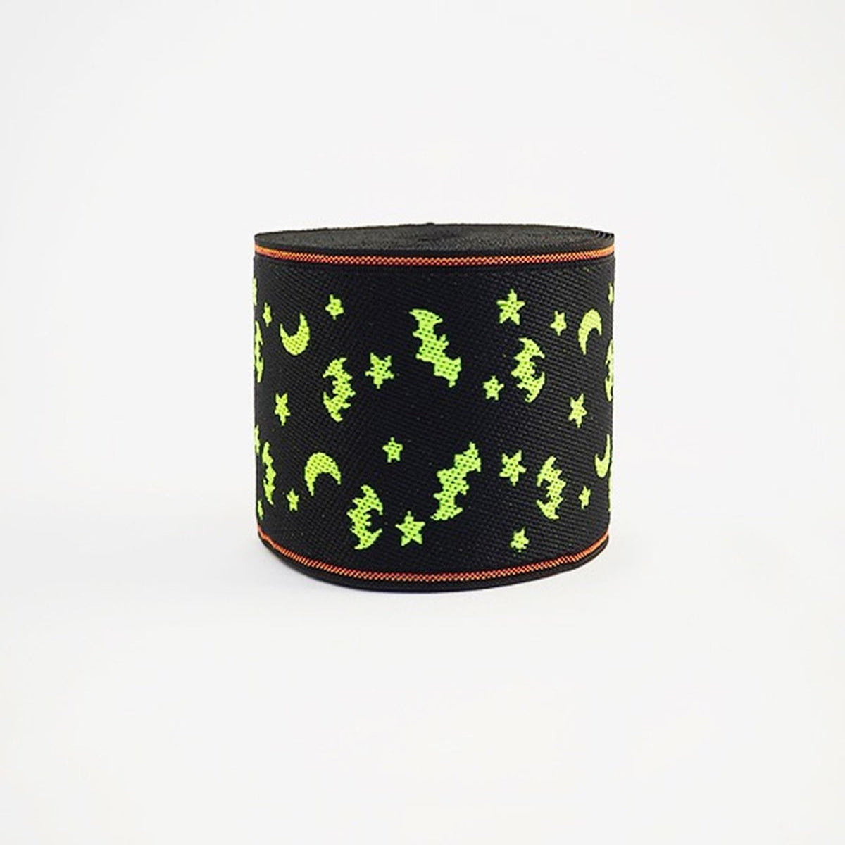A black and orange Halloween-themed ribbon with a pattern of bats, stars, and crescent moons on it.