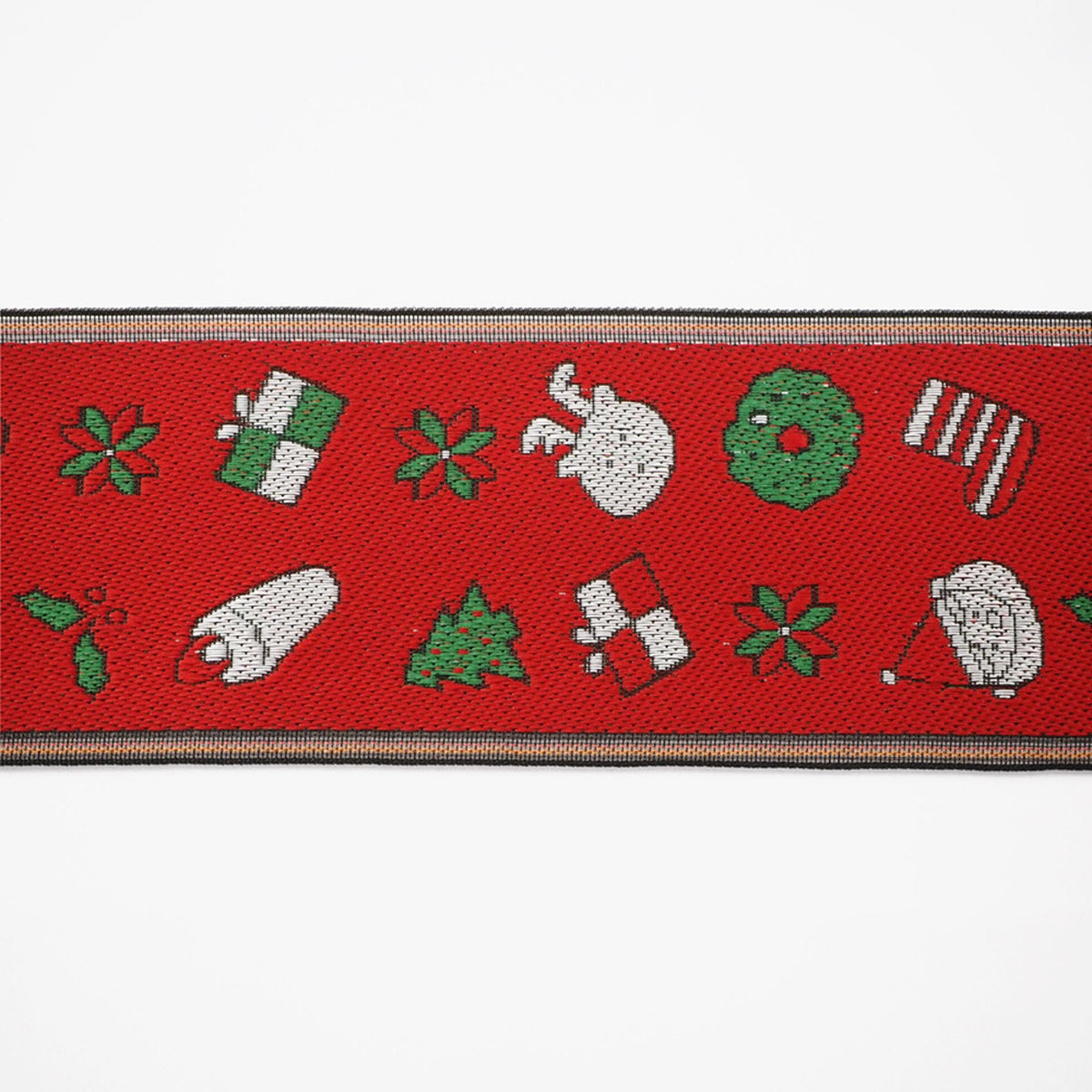 a red background with various Christmas-themed illustrations, including a Christmas tree, gift boxes, Santa Claus, and other festive symbols.
