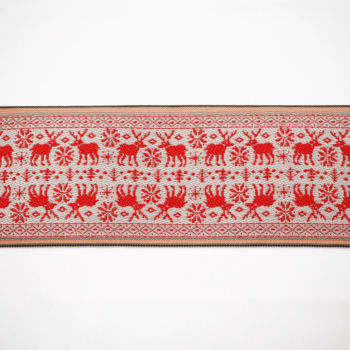 a decorative border with a repeating pattern of red deer silhouettes and snowflakes.