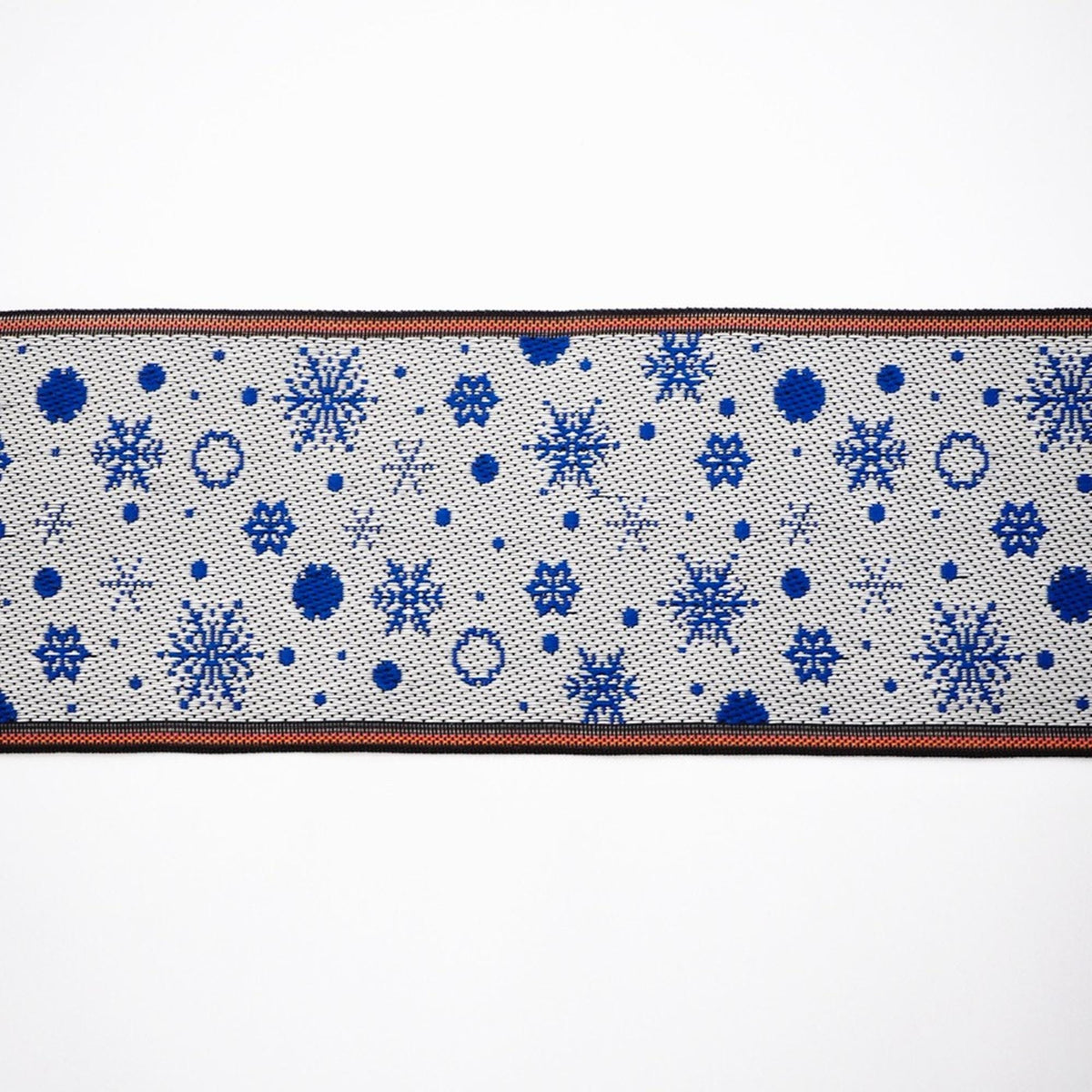 a white background with a repeating pattern of blue snowflakes and dots.