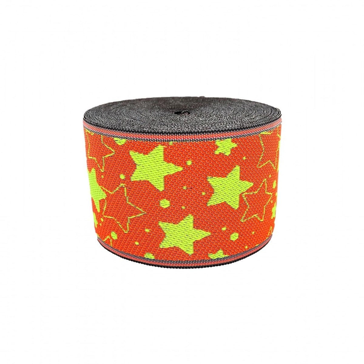 a round, black and orange object with a star pattern design.