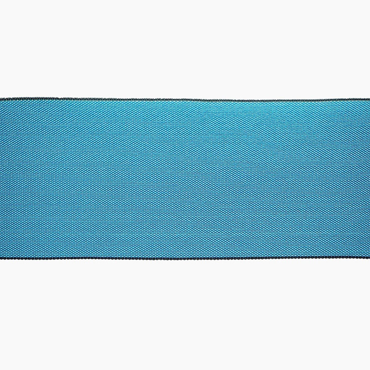 A solid blue fabric with a black border is shown in the image.