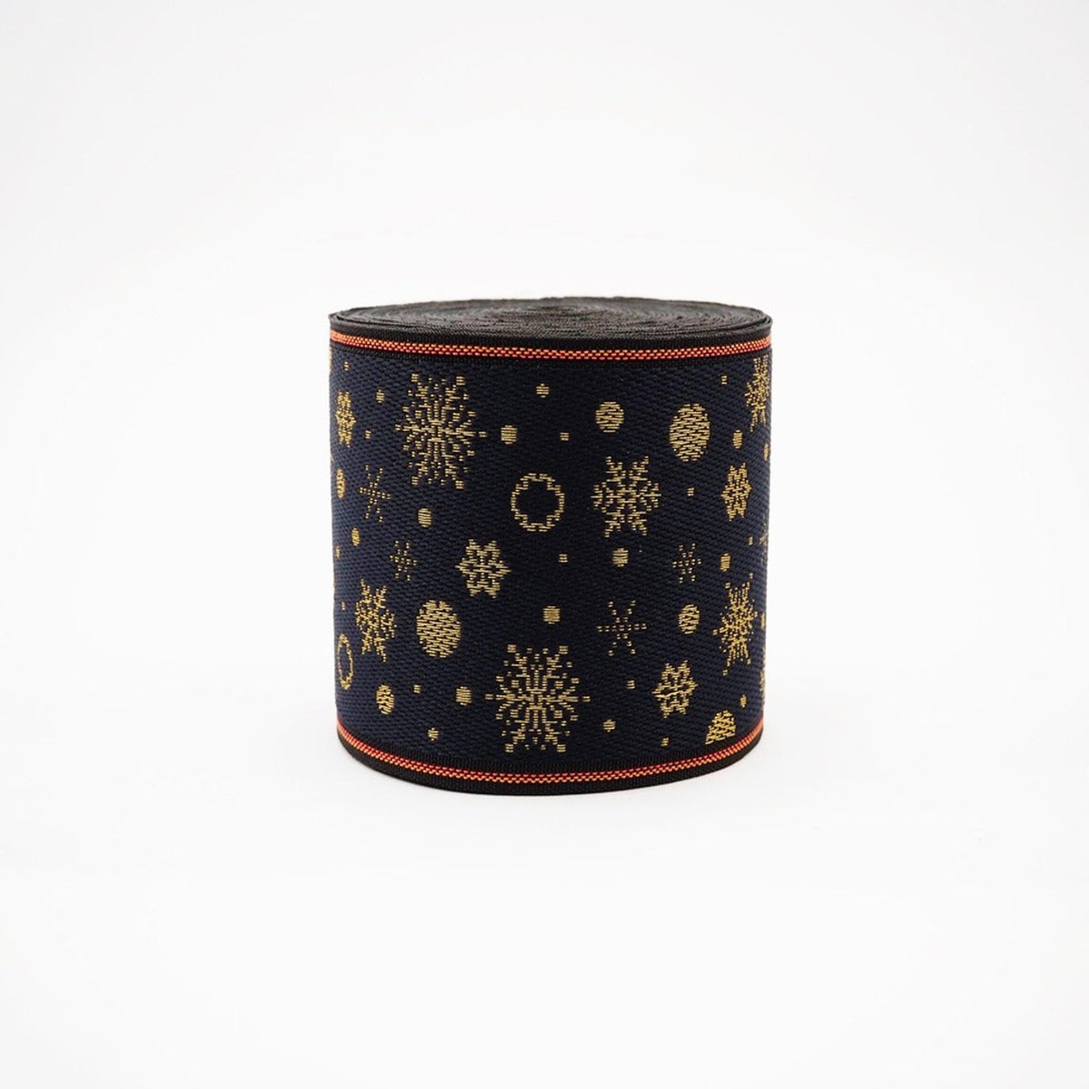 A black and gold snowflake-patterned ribbon is shown against a white background.