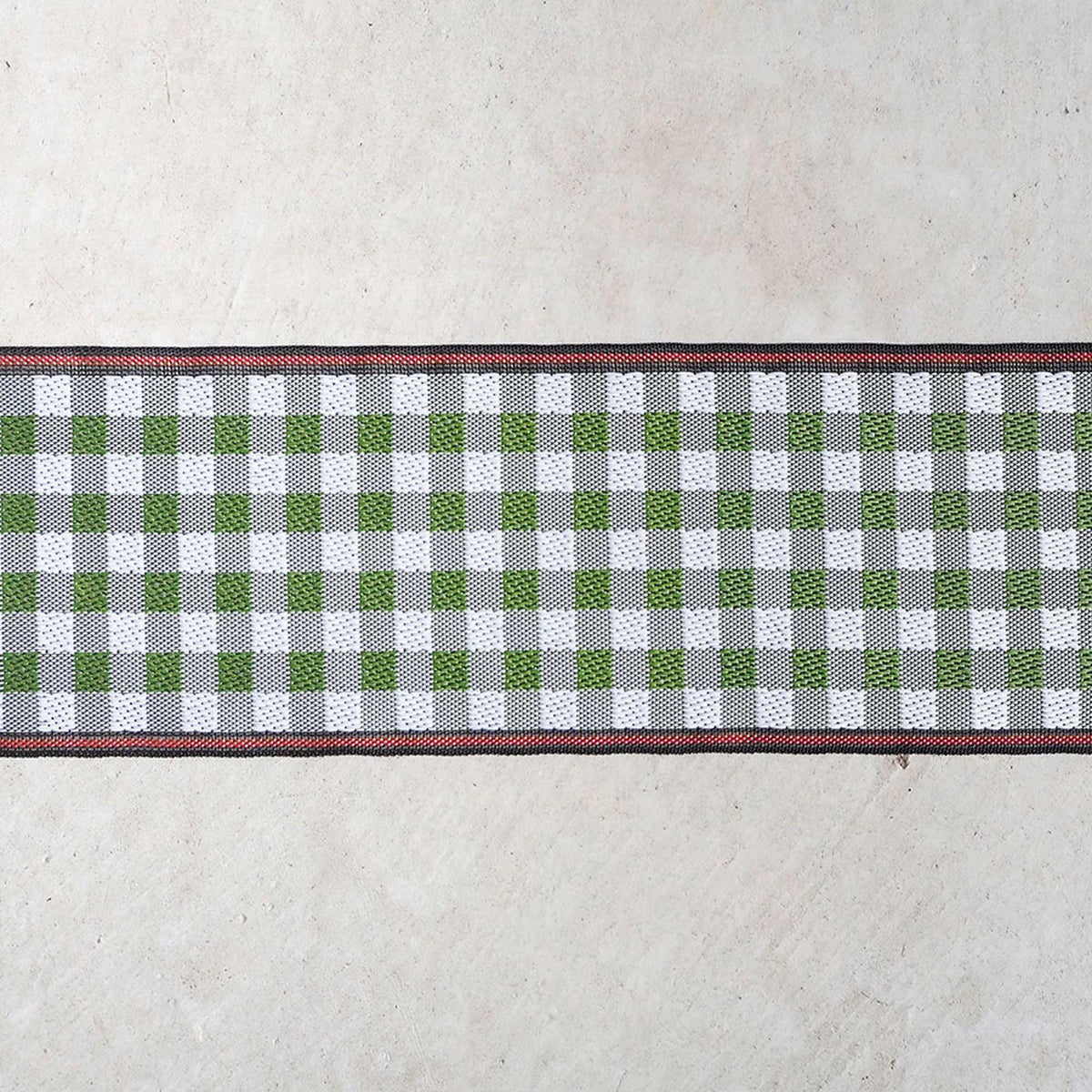 A close-up view of a decorative border with a repeating pattern of green and white checkered squares, with a red border around the border.