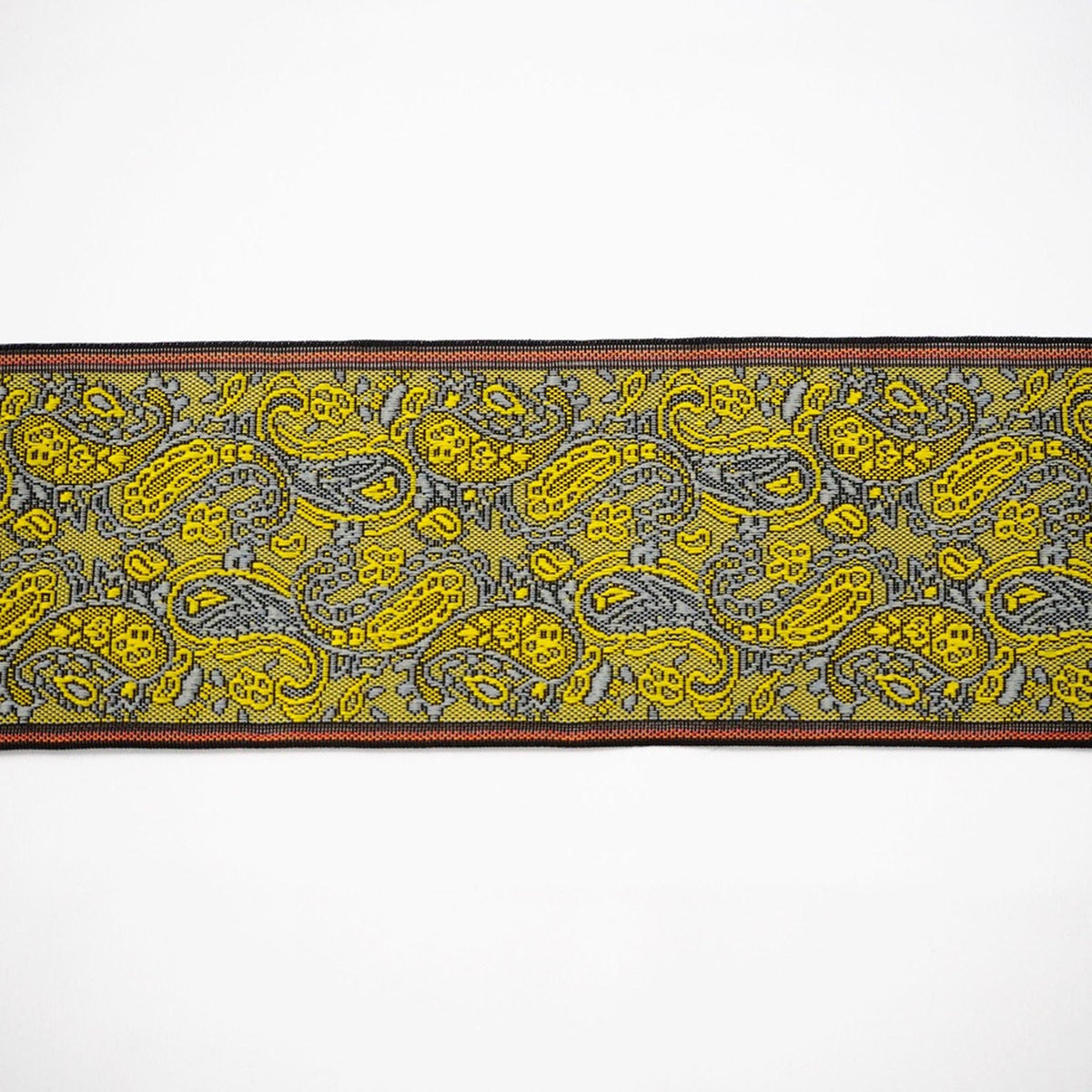 a decorative border with a repeating pattern of yellow and black paisley designs.