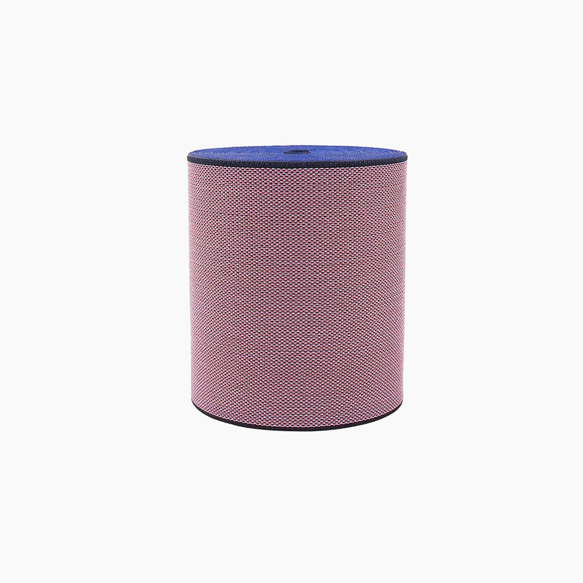A cylindrical object with a textured surface in shades of pink and blue.