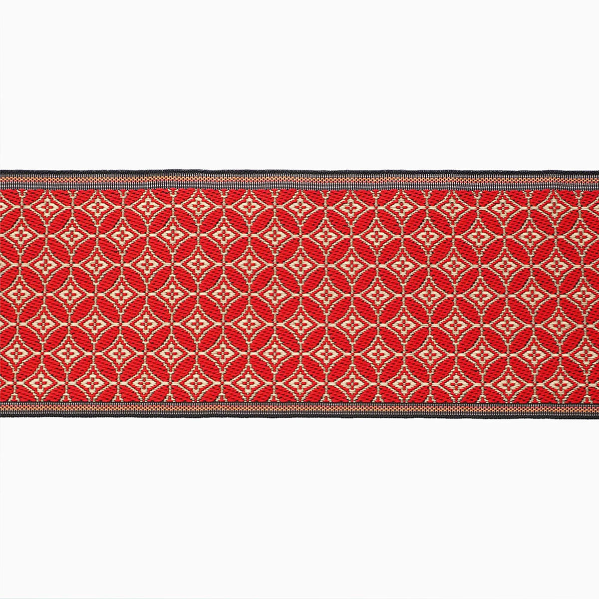 a red and black patterned fabric with a repeating diamond-shaped design.