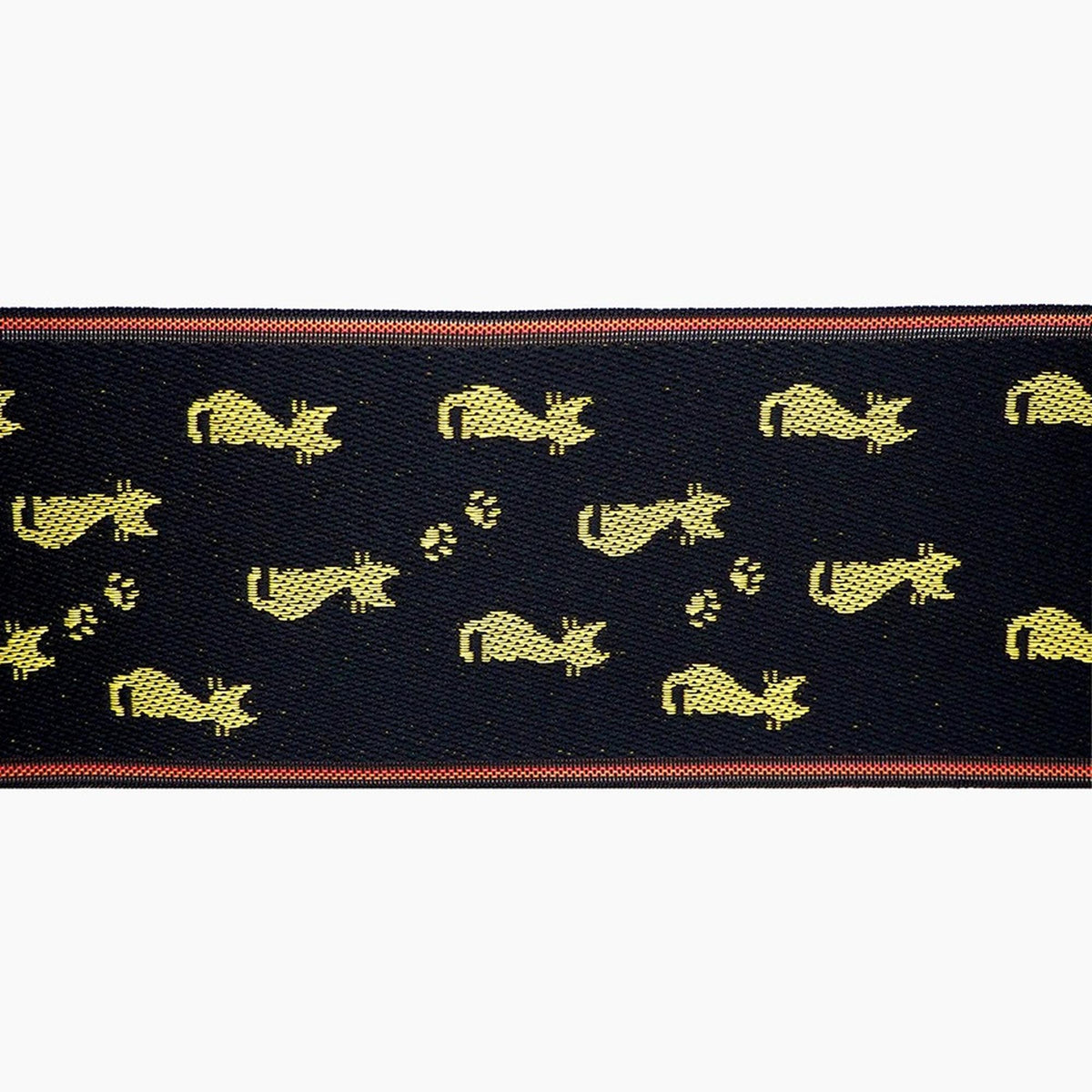 a repeating pattern of yellow cats on a black background, with a red border.
