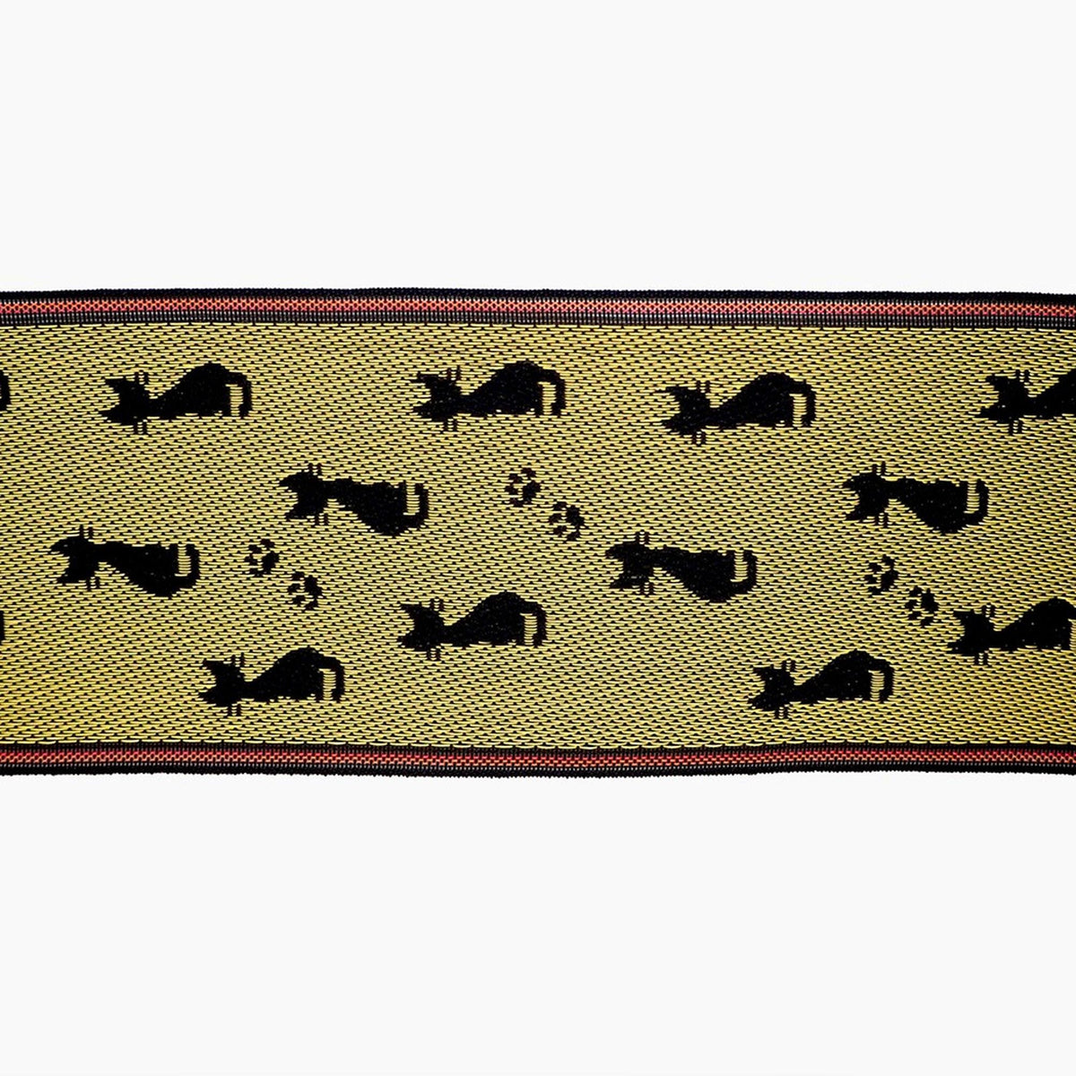 a repeating pattern of black cat silhouettes on a yellow background, with a red border.