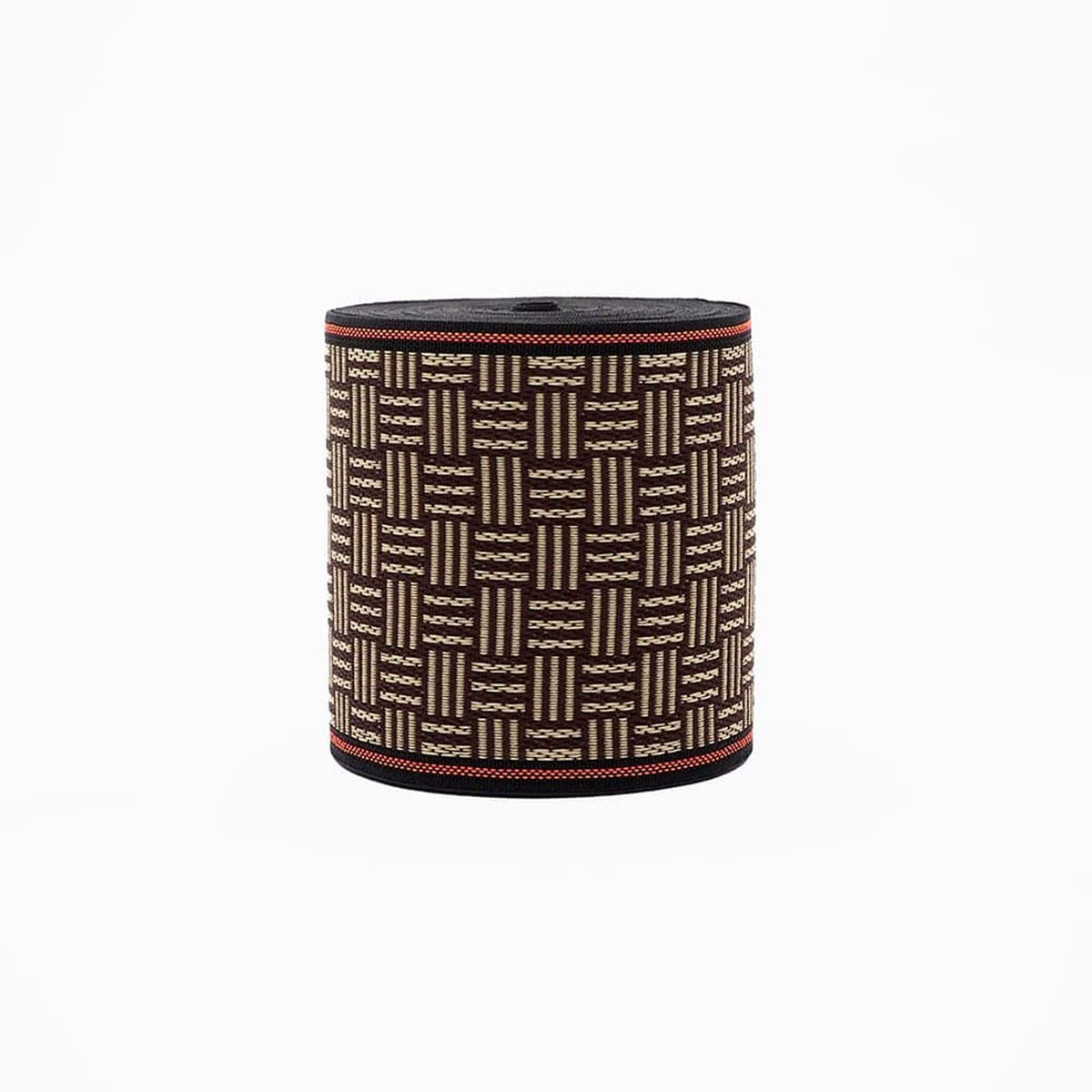a cylindrical object with a woven pattern in shades of brown and black.