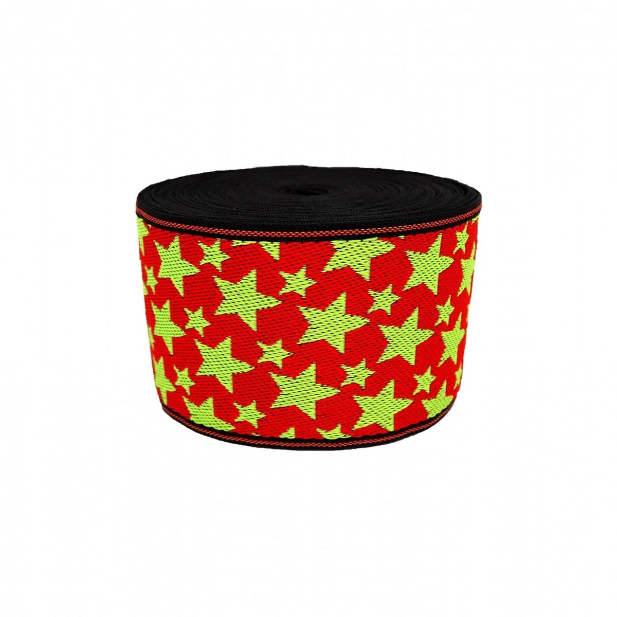 a round, cylindrical object with a black top and a red and yellow star pattern covering its surface.